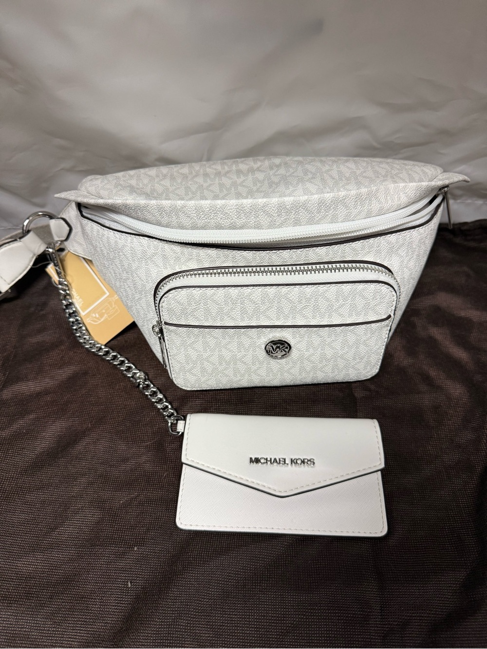 NWT Michael Kors White Signature Crossbody Belt Bag with Card Holder